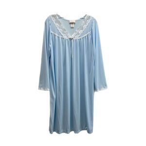 Vintage Barbizon Nightgown Medium Blue Lace Trim Embroidered Cottagecore
